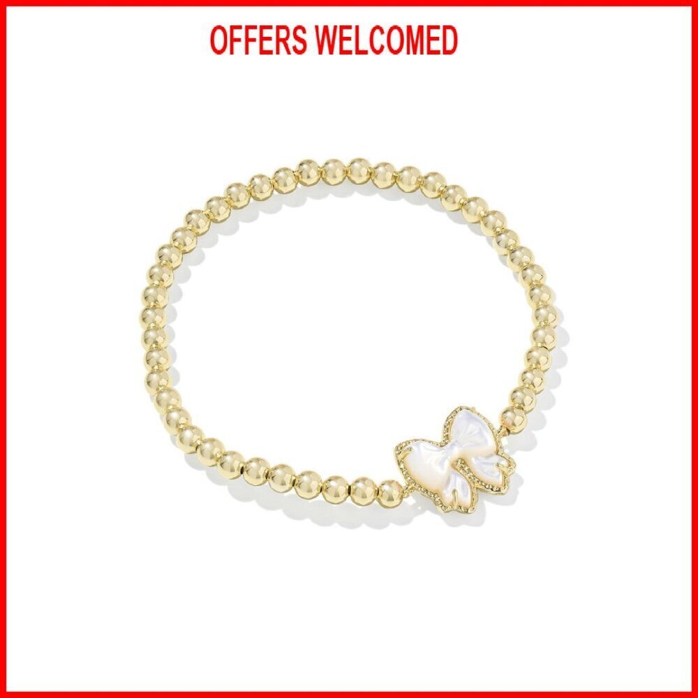 Gold Plated Stretch Bracelet with Mother of Pearl Bow, 6.5" Circumference
